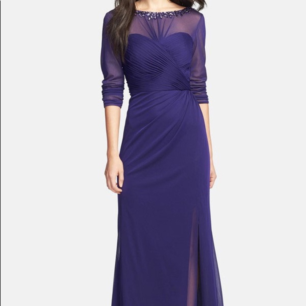 Alex Evenings Jeweled Illusion Neckline Ruched Bodice Slit Detail Mesh Dress
